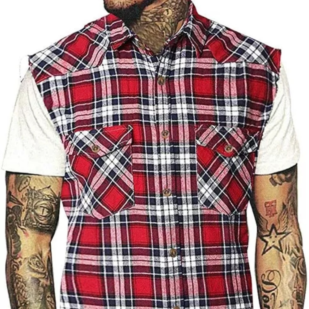 NUTEXROL Sleeveless Casual Flannel Plaid Western‎ Vest Shirt XL